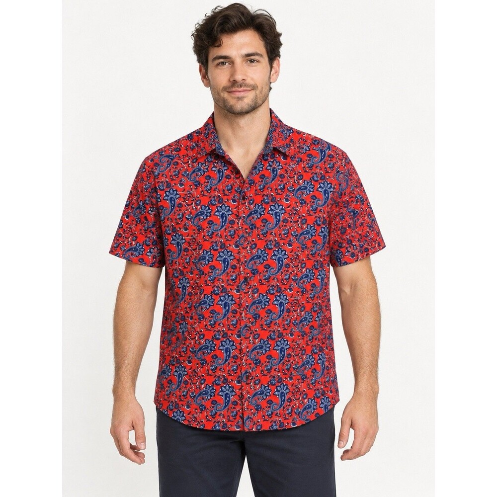 BOLUOFE Men’s Large Red Navy Paisley Floral Short Sleeve Button Shirt D